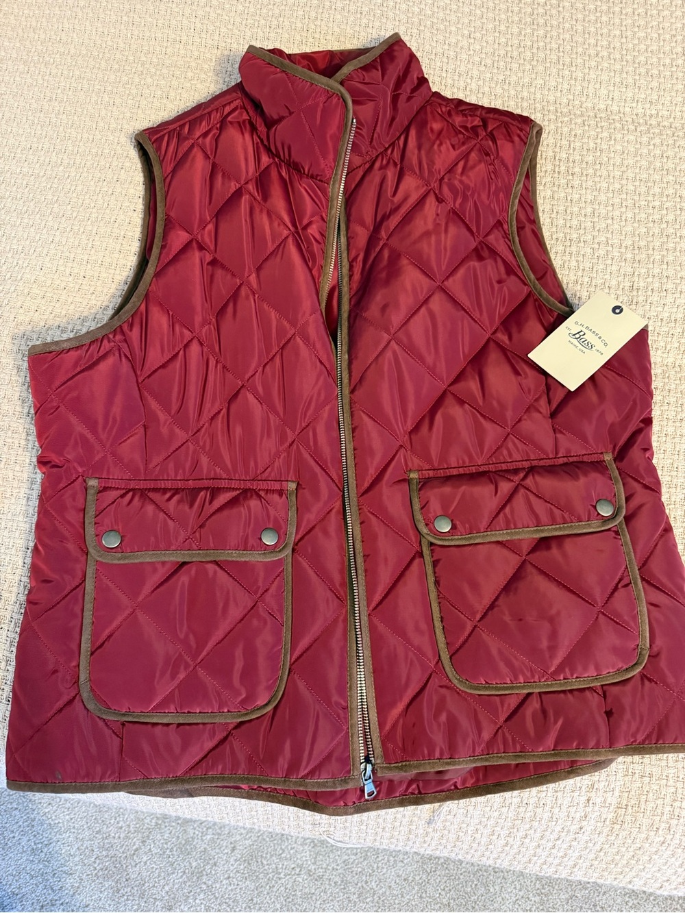 G.H. Bass & Co. Burgundy Quilted Vest with Olive Trim